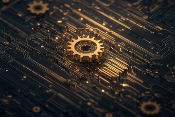 Aufkleber - A close-up of a golden gear on a circuit board, blending mechanical and digital elements, symbolizing technology and innovation.
