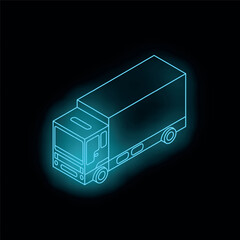 Poster - Luminous blue neon outline of a delivery truck is glowing on a dark background