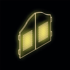 Poster - golden neon saloon doors glowing on a black background, perfect for themes of the wild west, bars, a