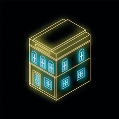 Poster - Isometric neon building glowing on dark background