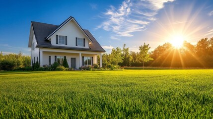 Poster - A large white house sits on a lush green lawn