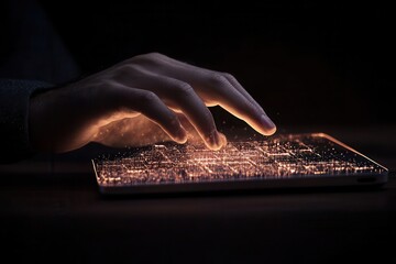 Poster - A hand interacts with a glowing tablet, showcasing a digital landscape illuminated by intricate circuitry patterns.