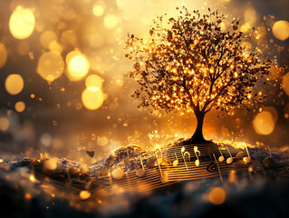 Poster - Magical tree of music illuminated by golden lights in a dreamy landscape at sunset