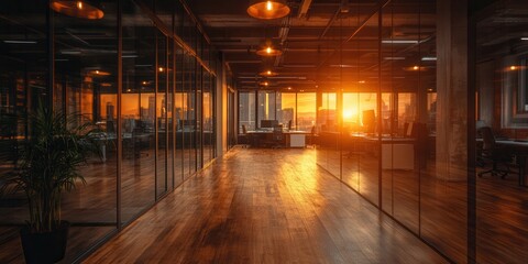 Poster - A warm sunset fills a modern office space, highlighting glass walls and wooden floors, creating a serene and inviting atmosphere.
