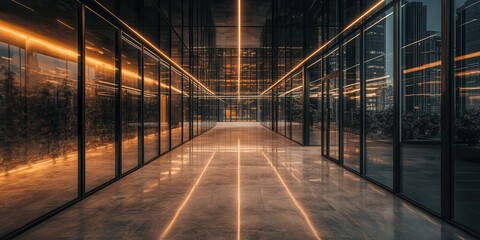 Poster - A sleek, modern hallway illuminated by warm orange lights, featuring glass walls and a polished floor, creating a contemporary and sophisticated atmosphere.