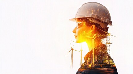 Poster - Double Exposure Image of Engineer with Wind Turbines and Cityscape