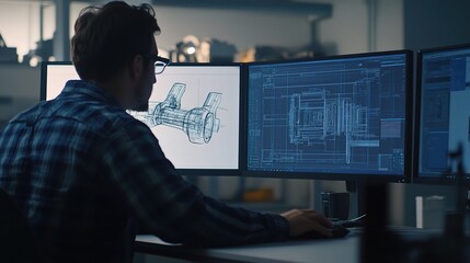 Fototapete - Engineer Deeply Engrossed in CAD Design Session at Workspace