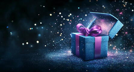 Poster - Gift box surrounded by shimmering lights and sparkles creating a festive atmosphere