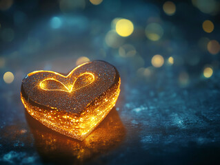 Poster - Glowing heart-shaped ornament shines in a dark environment, creating a romantic atmosphere