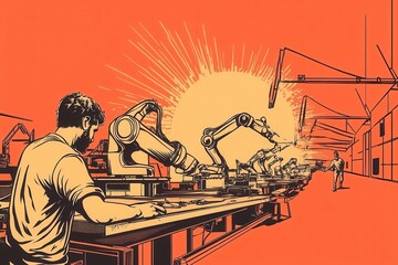 Poster - A stylized illustration showing a worker at a keyboard alongside robotic arms, symbolizing automation and technology in a factory setting against a vibrant background.