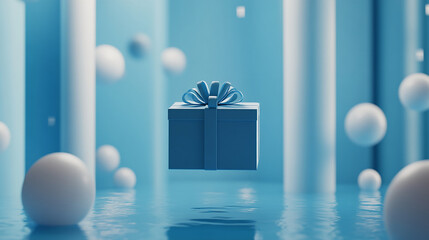 Poster - Floating blue gift box surrounded by white spheres in a serene blue environment