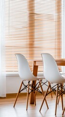 Wall Mural - Modern dining room design featuring elegant table and chairs bathed in natural light with wooden blinds enhancing the ambiance