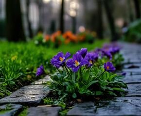 Canvas Print - Vibrant purple flowers blooming along a cobblestone path in the park