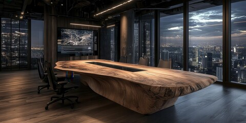Aufkleber - A modern conference room featuring a large wooden table, office chairs, and panoramic city views at night.