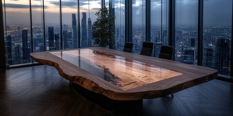 Poster - A modern conference room featuring a unique, large wooden table with a stunning city view through large glass windows.
