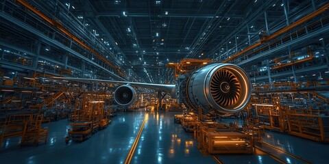 Poster - A futuristic aircraft manufacturing facility featuring a large jet engine under bright blue and orange lighting.
