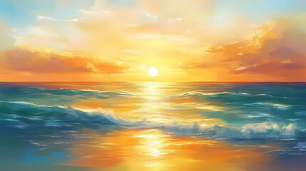 Wall Mural - A majestic sunrise over the ocean, with the sun casting a golden path across the water and the sky glowing with soft colors. Golden Sunset Reflections. Illustration