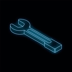 Poster - glowing neon wrench spanner tool fixing repairing isometric 3d render illustration