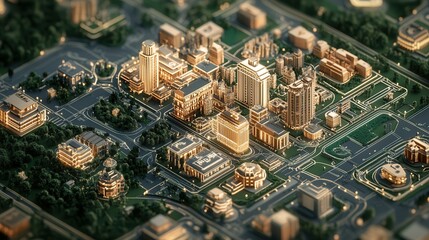 Poster - Aerial view of a modern cityscape featuring illuminated buildings and green spaces, showcasing urban design and architecture.