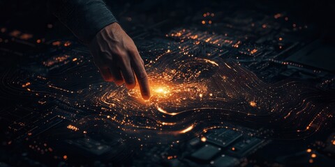 Poster - A hand touches a luminous city map, radiating light, suggesting exploration and discovery in a digital or futuristic environment.