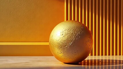 Poster - A shiny golden sphere is positioned on a sleek surface, leaning against a vibrant yellow wall with a textured finish. The setting radiates warmth and simplicity in daylight.