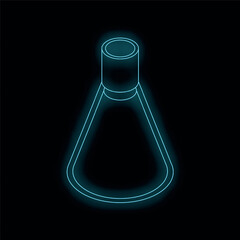 Poster - Blue glowing neon icon of a chemical flask on a black background