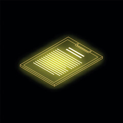 Poster - Glowing neon yellow clipboard is holding a paper with lines forming an isometric document icon