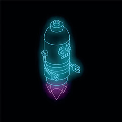 Poster - Neon robot taking off with rocket booster, isometric illustration on dark background