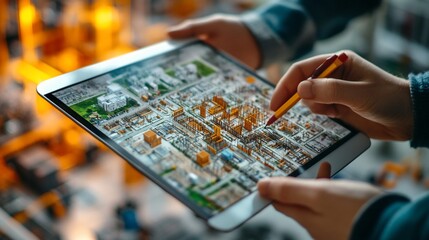 Poster - Engineers reviewing digital factory blueprint on tablet.