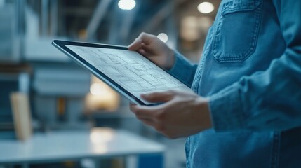 Poster - Engineer reviewing blueprints on tablet in factory.