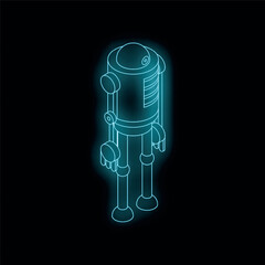 Wall Mural - Neon robot standing, isometric view, glowing blue outline on a black background