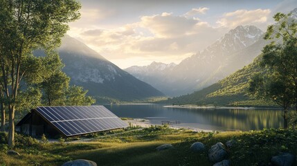 Poster - A small cabin is situated in a lush green valley with a lake in the background