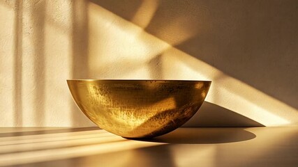 Poster - A beautifully crafted golden bowl sits on a minimalist surface, illuminated by warm afternoon sunlight that creates elegant shadows against a textured wall.