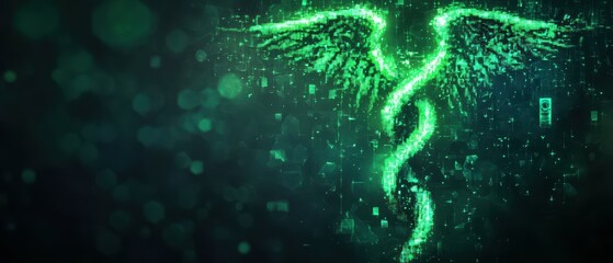 Poster - Glowing neon green caduceus with pixelated glitch effects digital art health concept abstract view
