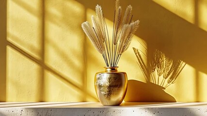 Aufkleber - A golden vase filled with dried grass sits on a textured surface, casting delicate shadows against a bright yellow wall in warm afternoon sunlight.