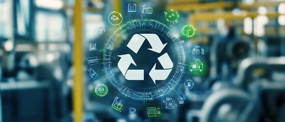 Poster - Recycling icons in circular economy symbol industrial setting digital illustration modern concept