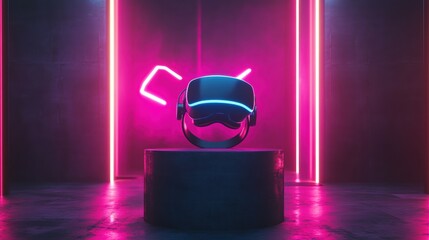 Poster - Futuristic vr headset display at high-tech podium dark environment neon lights immersive experience