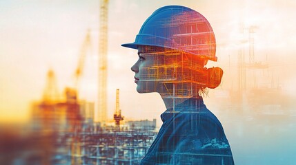 Poster - Double Exposure Image of Engineer in Construction Setting with Blue Tone