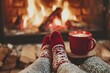 © Алена Ваторина - Cozy scene with feet in red knit socks near a fireplace and a red mug with a candle, creating a warm and relaxing winter atmosphere