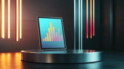 Poster - Dynamic tablet display on sleek silver podium in modern studio with vibrant graphics