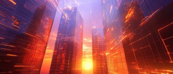 Poster - Stock market graph overlaying skyscrapers at sunset in urban environment futuristic concept
