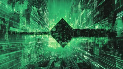Poster - Glitchy data visualization pixelated neon green arrow cutting through digital landscape technology abstract