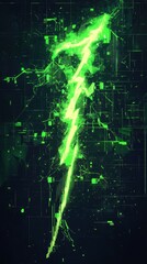 Poster - Neon green lightning bolt crackling with a pixelated design in a digital environment