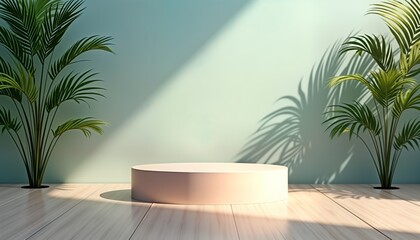 Poster - Minimalist summer scene shows empty product display platform. Pastel colors. Palm plants flank beige cylinder podium. Beach vacation theme. Clean studio background. Ideal for cosmetic ads.