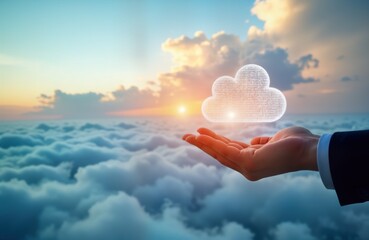 Poster - Cloud data storage concept. Hand holds digital cloud symbol. Network server online. Business tech. Global digital data transfer. AI. Communication. Connectivity. Web.