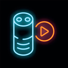 Poster - Blue and orange neon sign of a smart speaker playing audio content on a black background