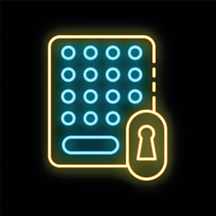 Poster - Glowing neon outline of a security pad with a padlock, symbolizing digital security and data protection