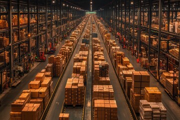 Poster - A vast warehouse filled with neatly stacked boxes and organized shelving, showcasing an efficient storage system.