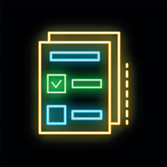 Poster - Glowing neon icon depicting documents with a prominent checkmark, symbolizing successful completion of tasks or a positive outcome