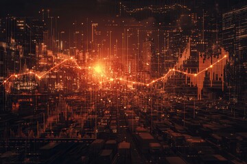 Poster - A vibrant cityscape illuminated by orange tones, featuring dynamic data visualizations and graphs representing market trends and analytics.
